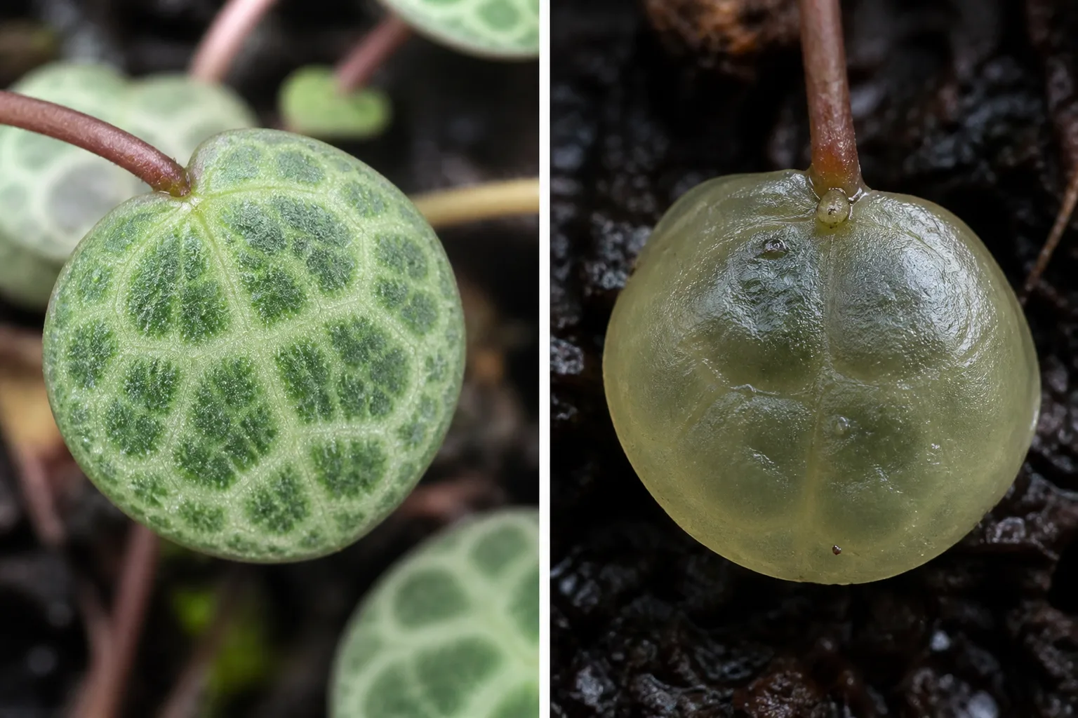 Side-by-side comparison of String of Turtles leaves showing a firm, plump, crisply patterned healthy leaf on the left and a translucent, mushy, waterlogged leaf that has lost its pattern on the right