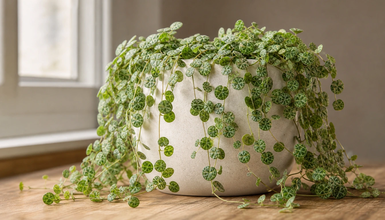 String of Turtles with small patterned round leaves trailing over a pot rim.