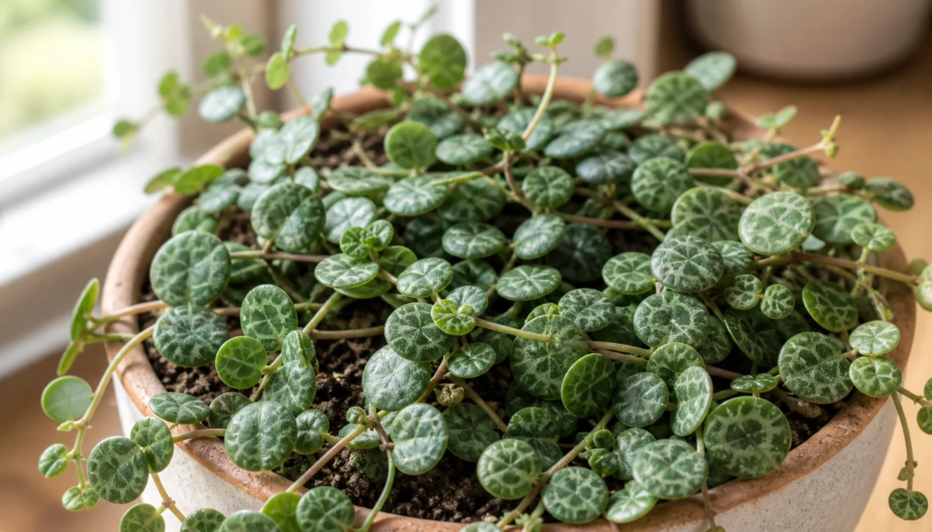 String of Turtles growing indoors with visible leaves and potting mix.