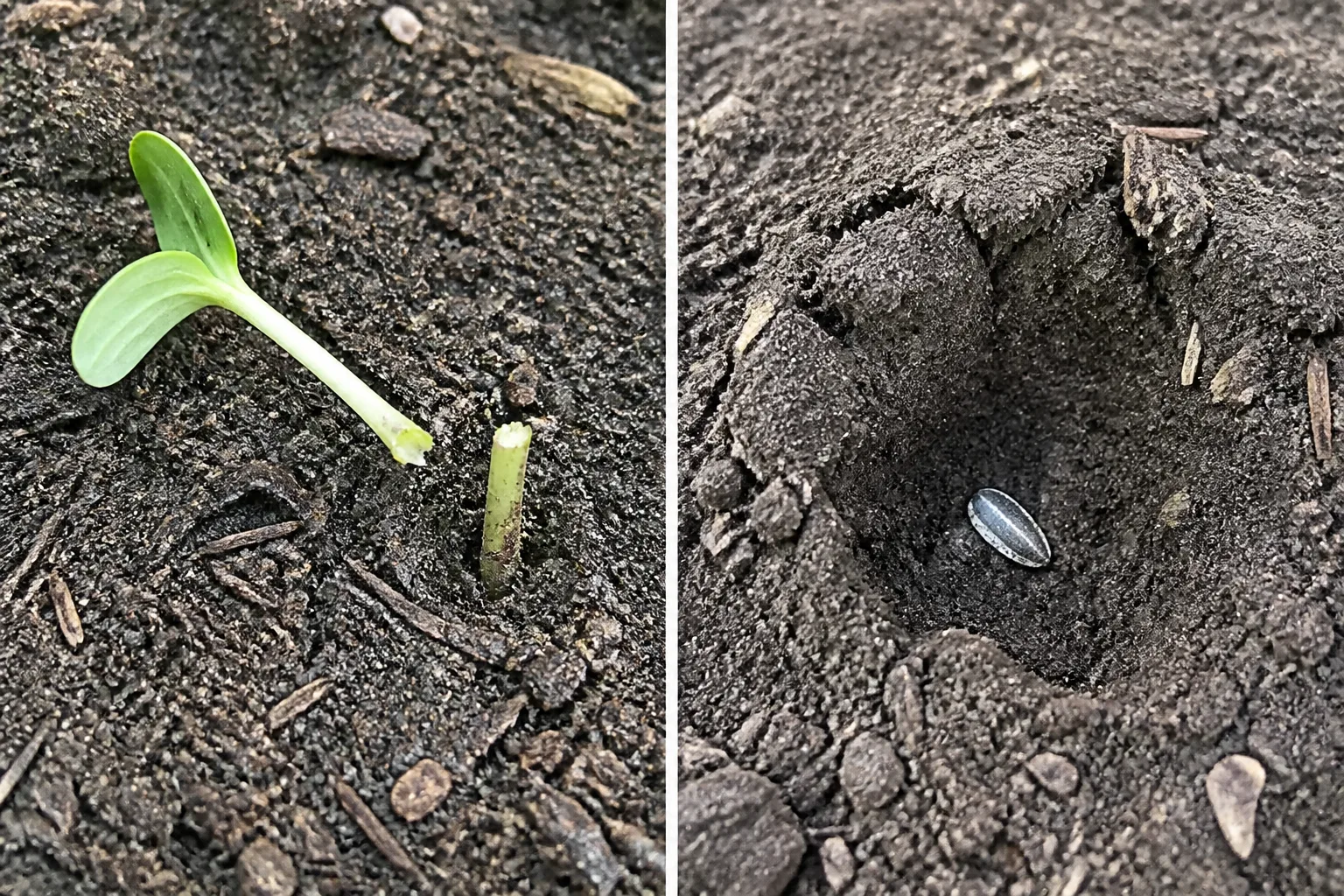 Side-by-side comparison of sunflower seedling loss showing a young seedling severed cleanly at the soil line by a cutworm on the left versus a small dug-up hole with a disturbed seed from a bird or squirrel on the right