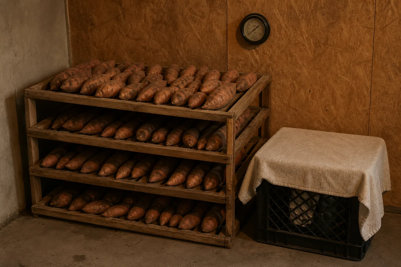 Freshly harvested unwashed sweet potatoes spread in a single layer on slatted wooden trays in a warm humid curing space with a gauge on the wall behind