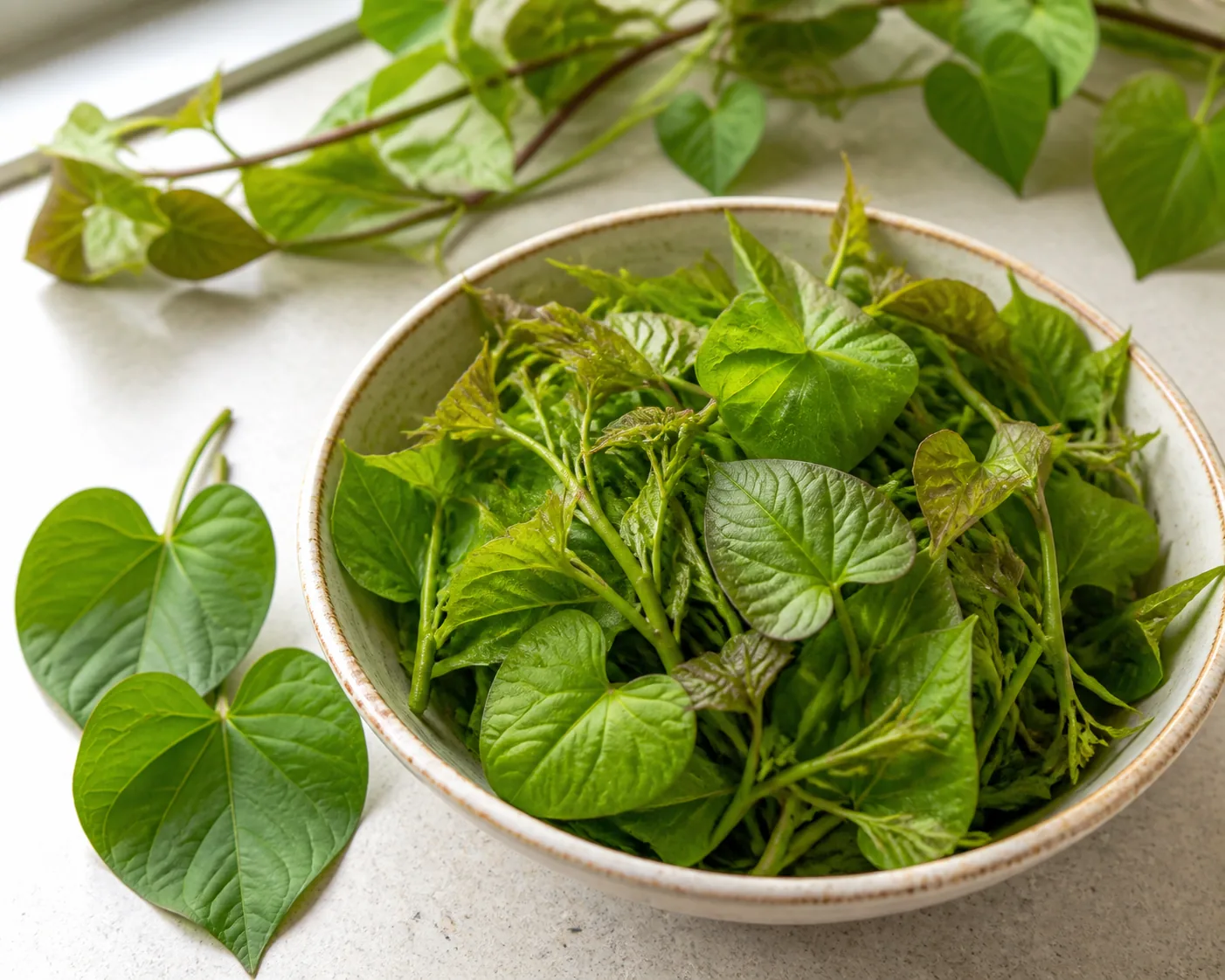 Young sweet potato leaves and tender vine tips gathered in a shallow bowl on a kitchen counter beside two whole heart-shaped leaves laid flat