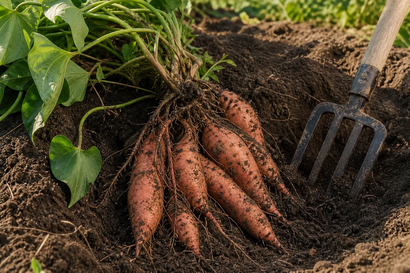 A cluster of tapered orange-skinned sweet potato roots still attached to the plant base, lying on loose dark soil beside an opened garden ridge with a fork resting nearby