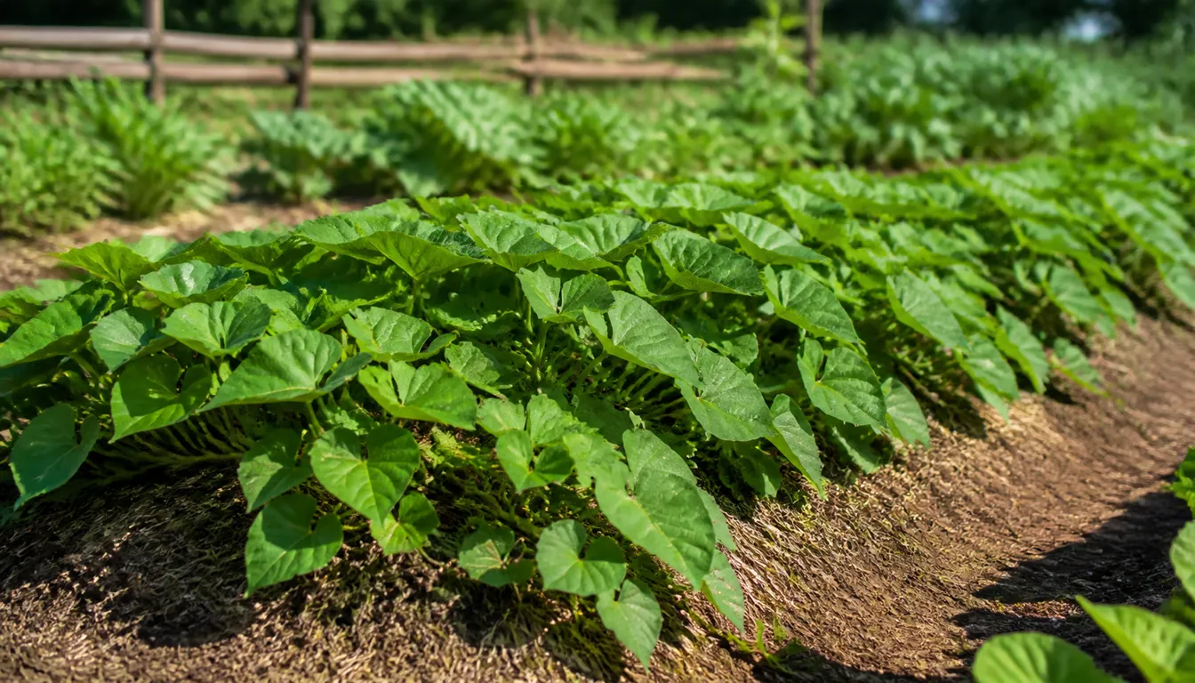 Sweet potato vines spreading across a warm garden bed