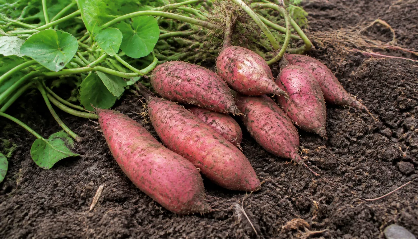 A raised sweet potato ridge with slips planted along it before the vines have closed over the bed