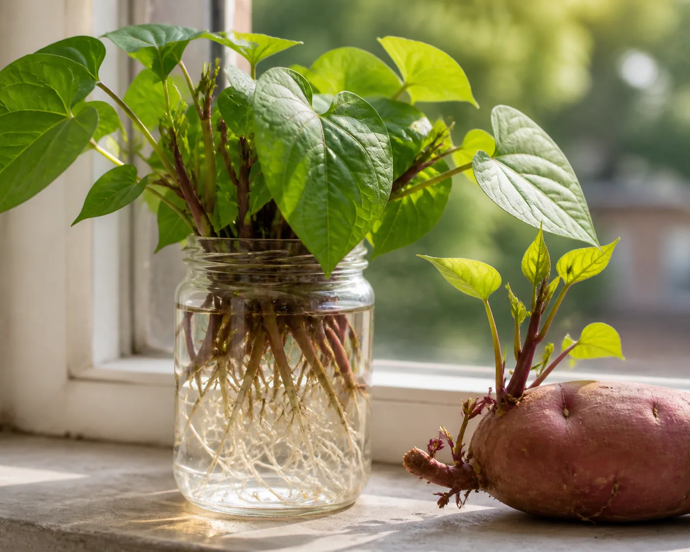 A bundle of sweet potato slips rooting in a glass jar of water on a sunny windowsill with white roots along the submerged stems, beside a sprouting sweet potato root