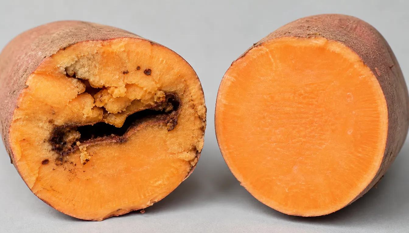 Cross-section of a sweet potato root showing dark weevil tunnel damage beside an undamaged cut root.