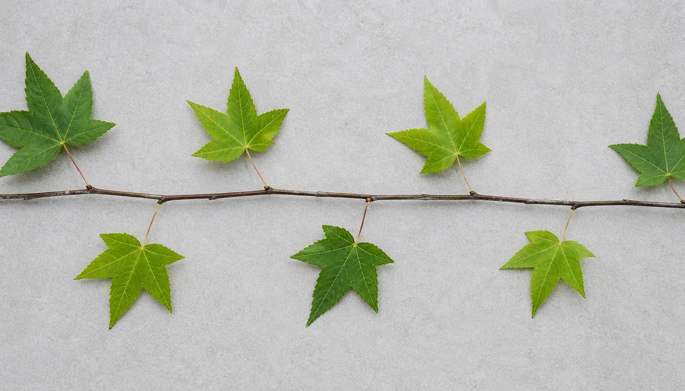 A sweetgum twig laid flat, its toothed star-shaped leaves attached one at a time and staggered along the stem, never in pairs