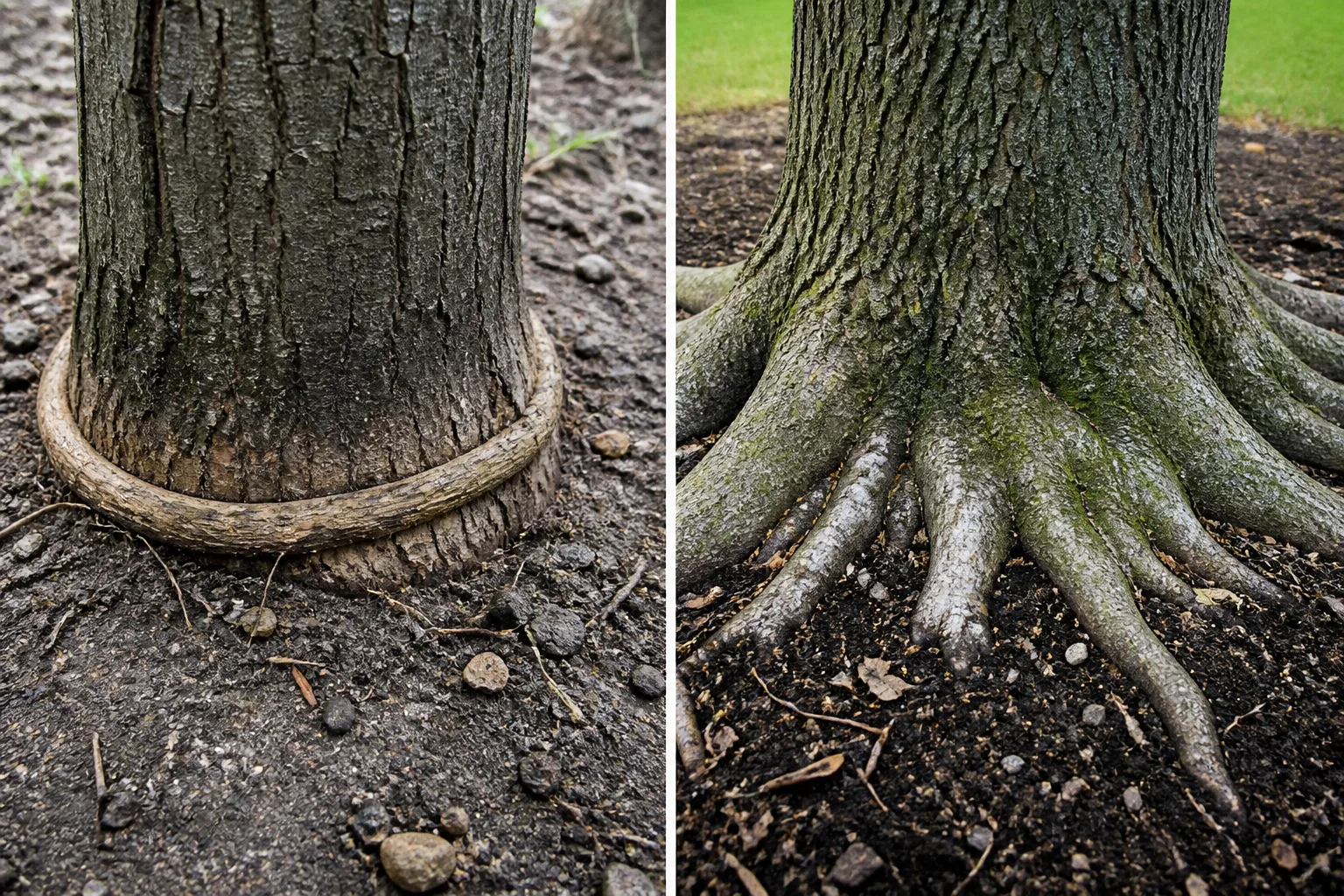 Close comparison of a girdling root circling flat against a tree trunk base beside a healthy trunk with roots flaring outward normally