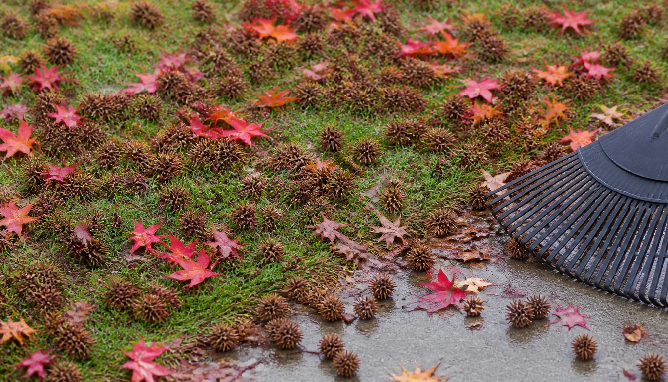 Lawn and the edge of a wet concrete path covered in dozens of hard brown spiky sweetgum seed balls among fallen red star-shaped leaves, with a plastic leaf rake resting at one side