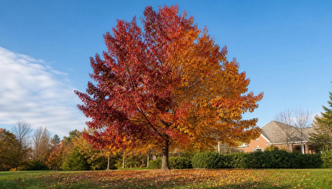 Mature sweetgum on a suburban lawn in autumn with crimson-purple foliage on one side of the pyramidal crown and orange-gold on the other, fallen star-shaped leaves scattered below