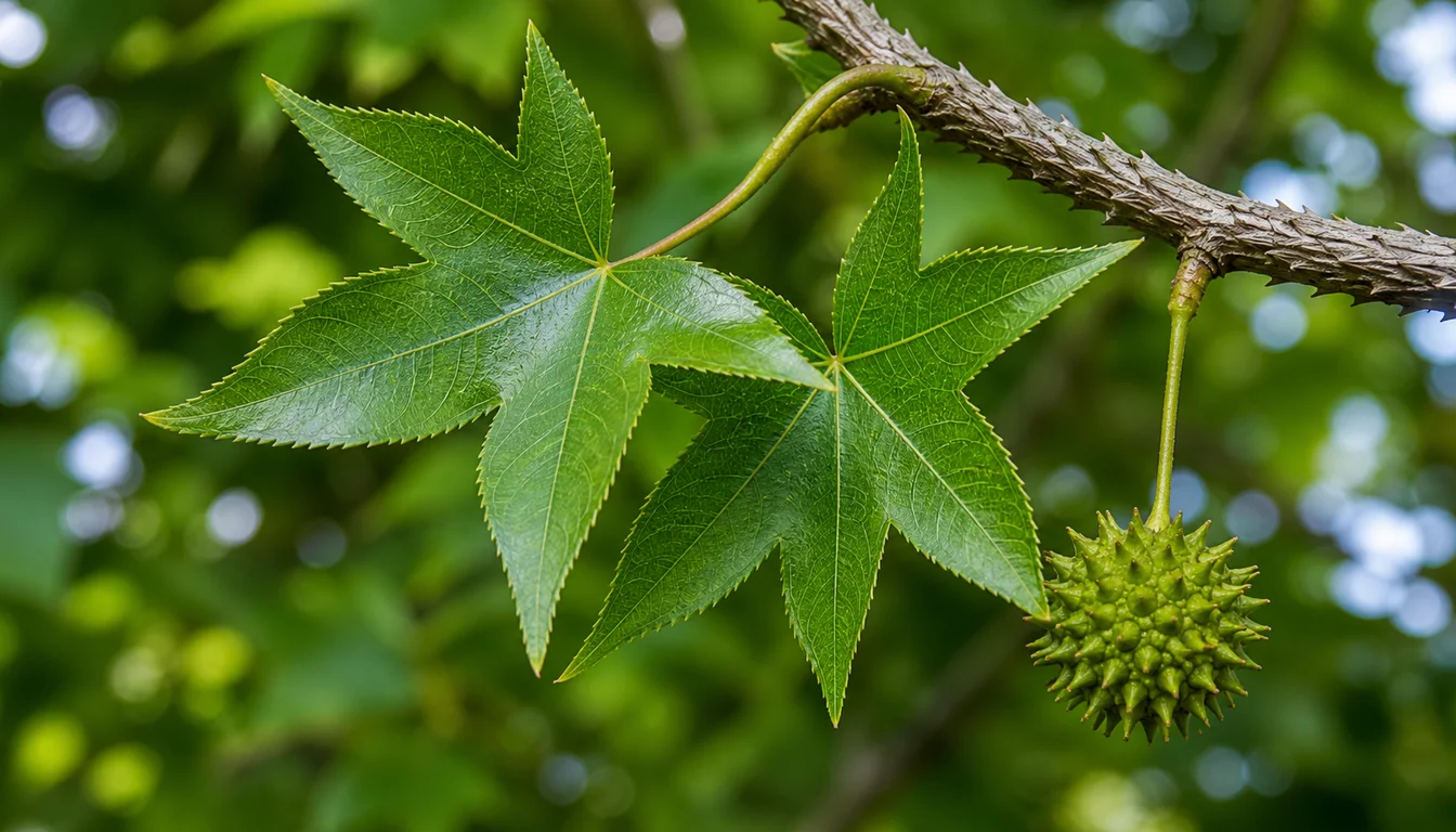 Two glossy green five-lobed star-shaped sweetgum leaves on a corky-ridged twig, with one green spiky seed ball hanging beside them on a long slender stalk