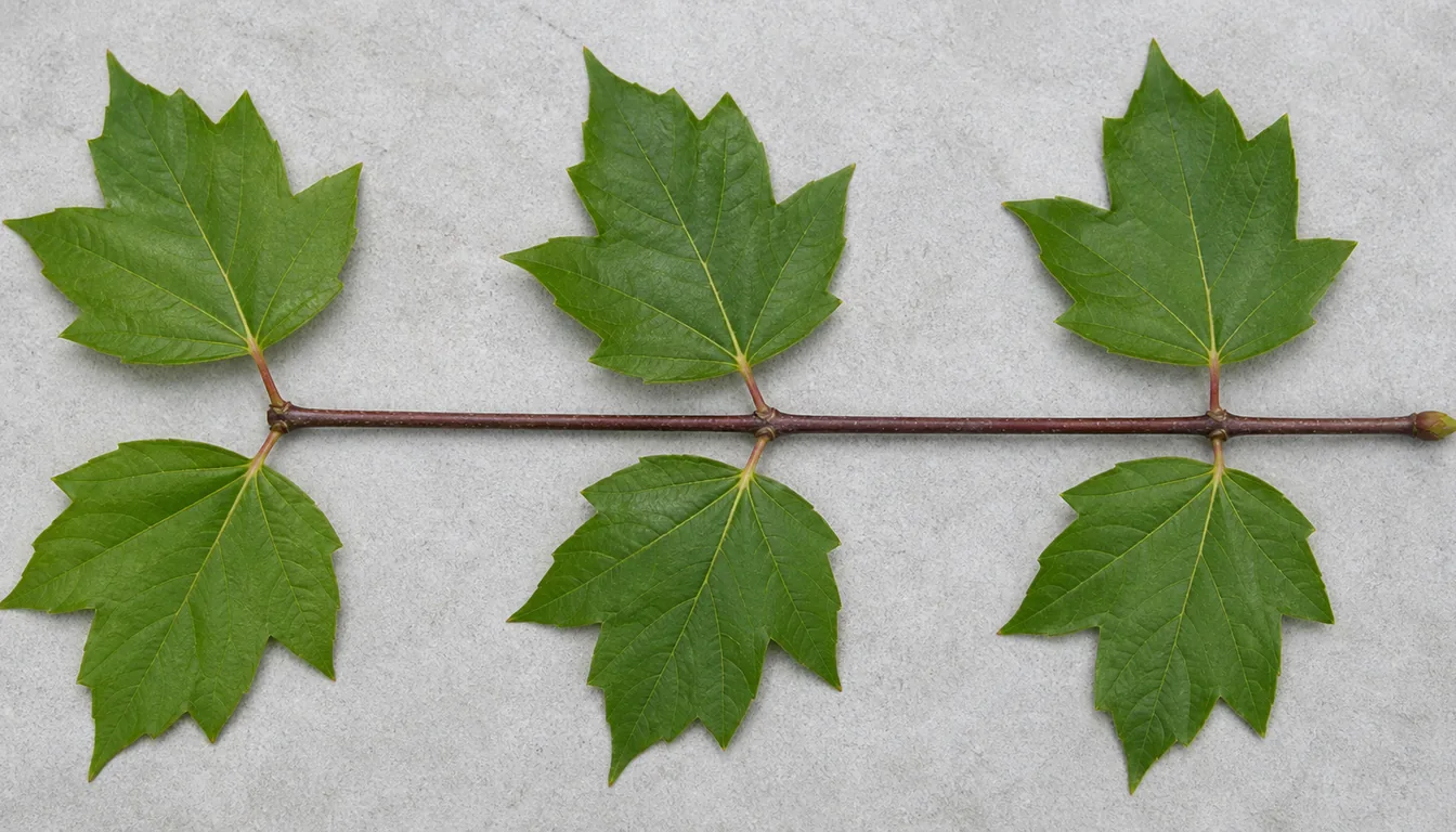 A maple twig laid flat, its smooth-lobed leaves attached in matched pairs directly across from each other at each node
