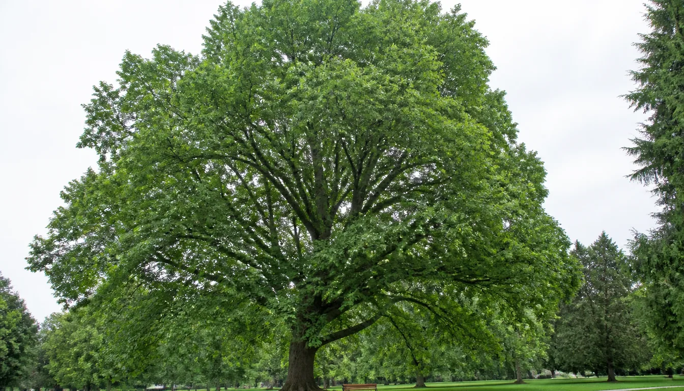 An old sweetgum in a park in summer, its crown broadened into a wide rounded dome on heavy limbs above a bench