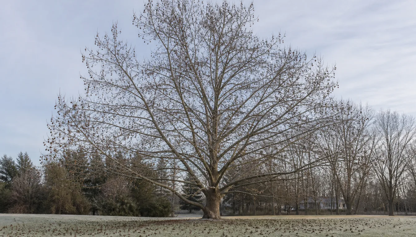 A bare sweetgum in midwinter with hundreds of spiky brown seed balls still hanging through the twiggy crown and hundreds more scattered across the frosted lawn beneath