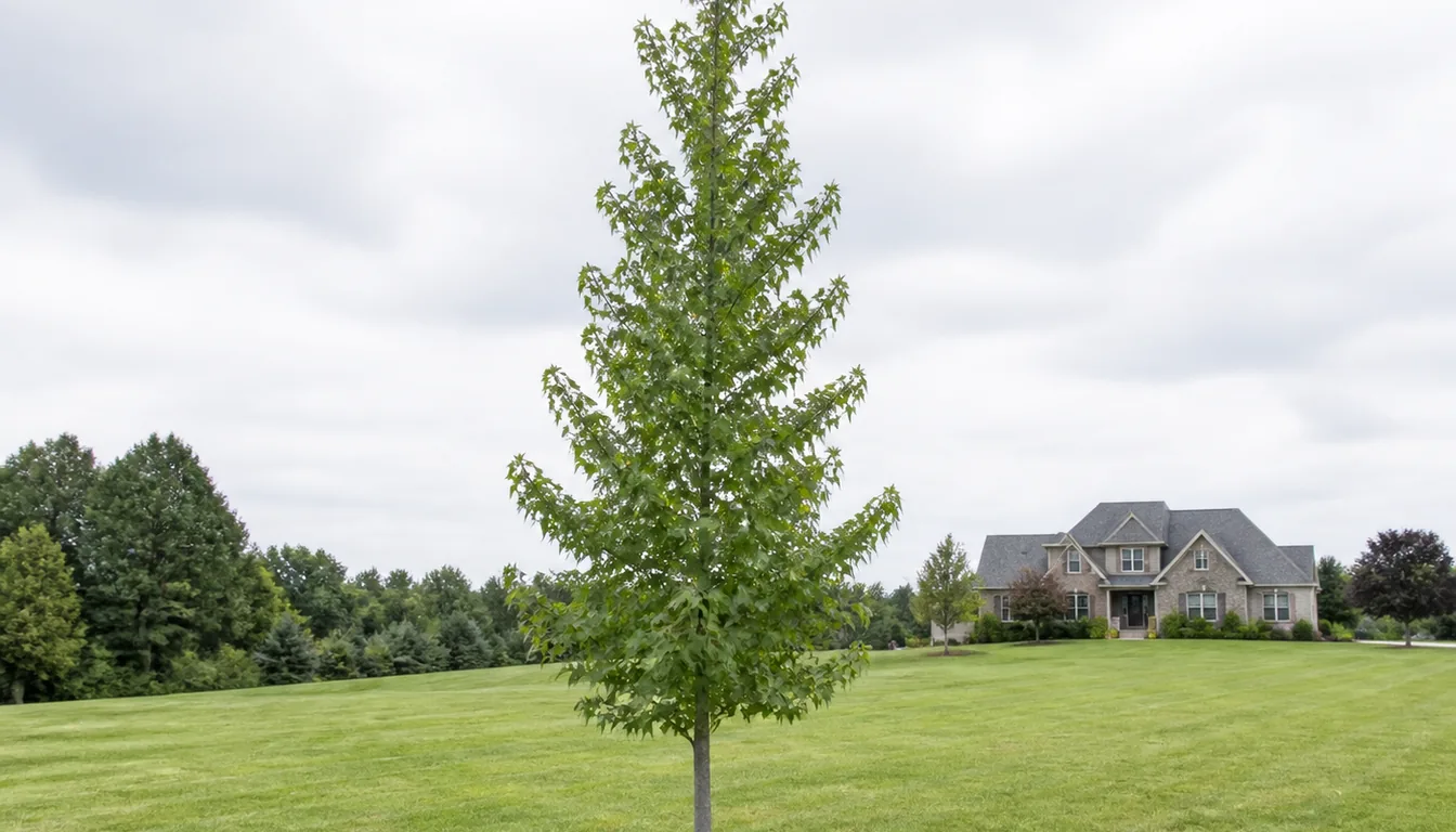 A young sweetgum on an open lawn in summer, its crown a narrow cone much taller than it is wide on a single straight leader