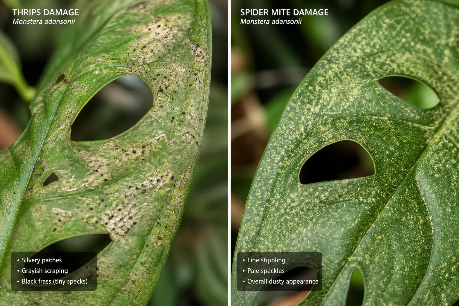 Side-by-side comparison of Swiss Cheese Plant leaf damage showing gray scraping with silvery patches and black specks from thrips on the left and fine pale stippling from spider mites on the right