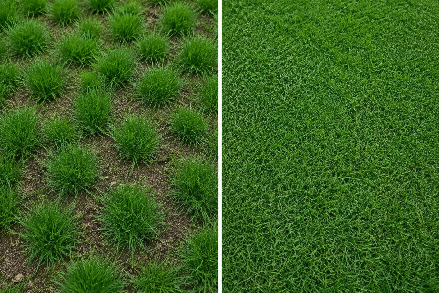 Two panels of lawn turf, the left tall fescue in separate tufts with bare brown soil showing between them, the right a creeping grass grown into one continuous mat
