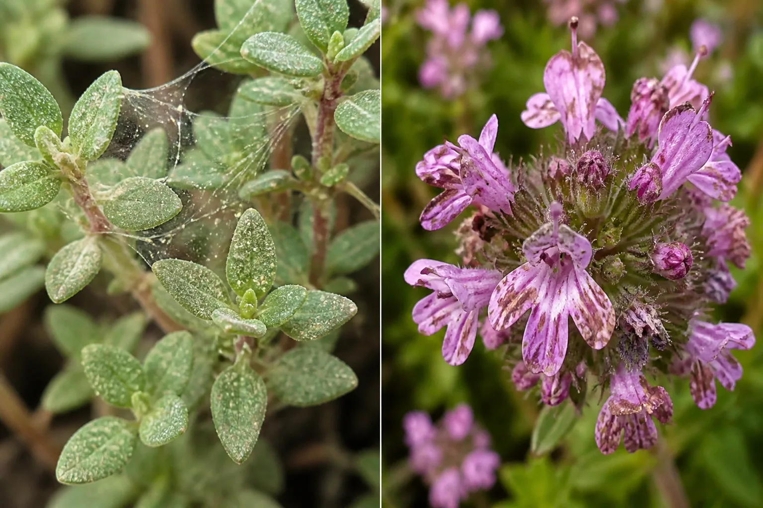 Side-by-side thyme comparison showing fine spider mite webbing and stippling on a leaf beside streaked, distorted thyme flowers damaged by thrips