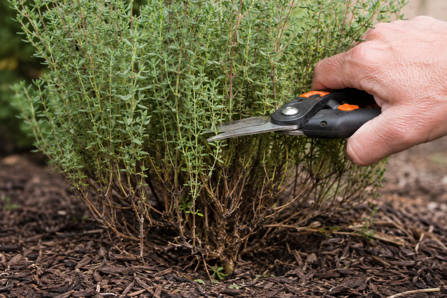 Pruning snips held against an established thyme plant at the line where its dense green growth gives way to bare brown woody stems at the base