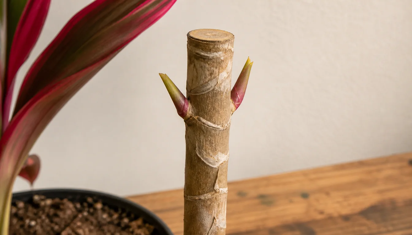 Clean Ti Plant cane cut above a node with two small new shoots growing below the cut