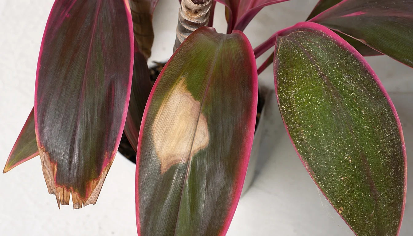 Ti Plant leaves with dry brown tips, pale scorch patches, and fine mite stippling shown separately