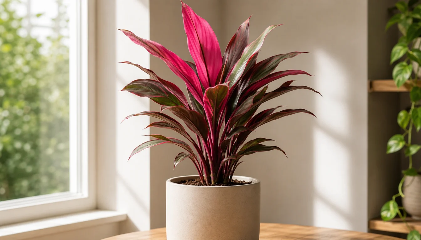 Healthy multi-cane Ti Plant with broad burgundy, rose, and green leaves beside a bright filtered window