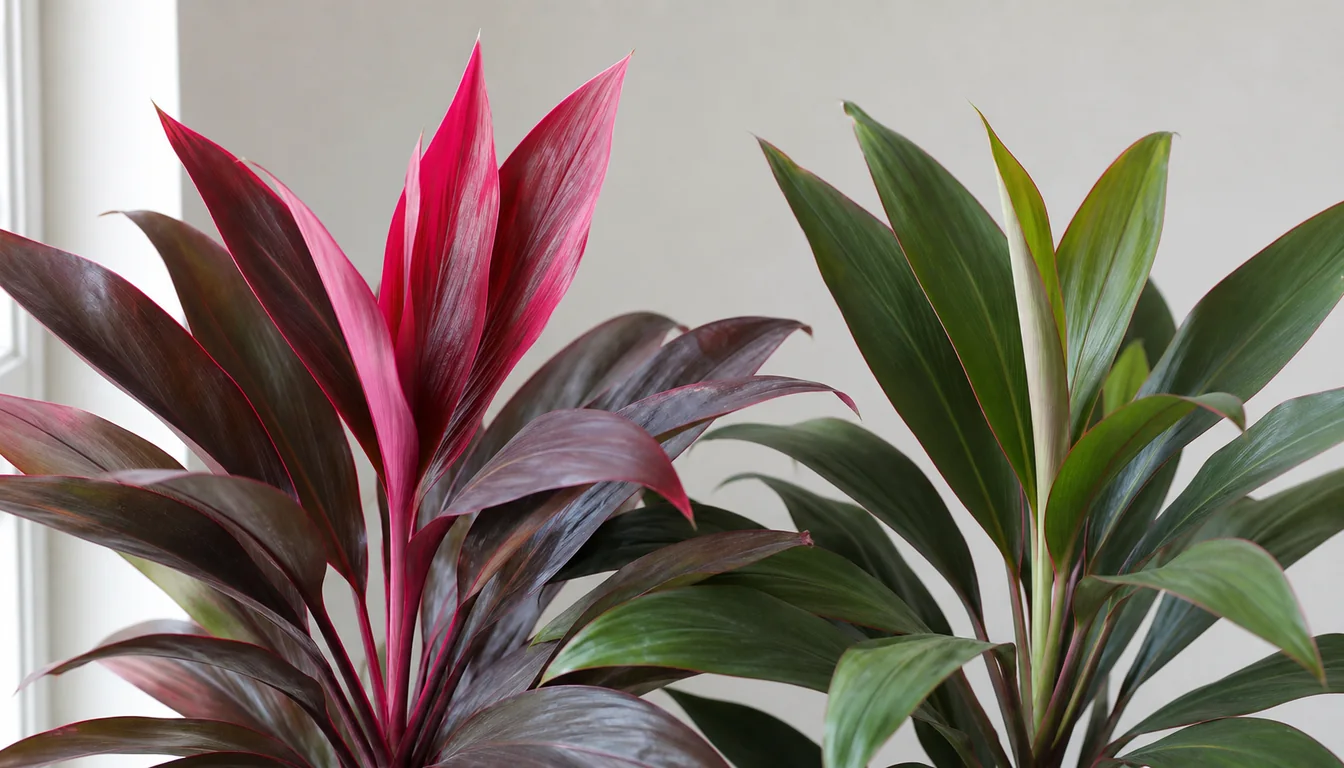 Richly colored new Ti Plant leaves beside faded green new growth produced in weaker light