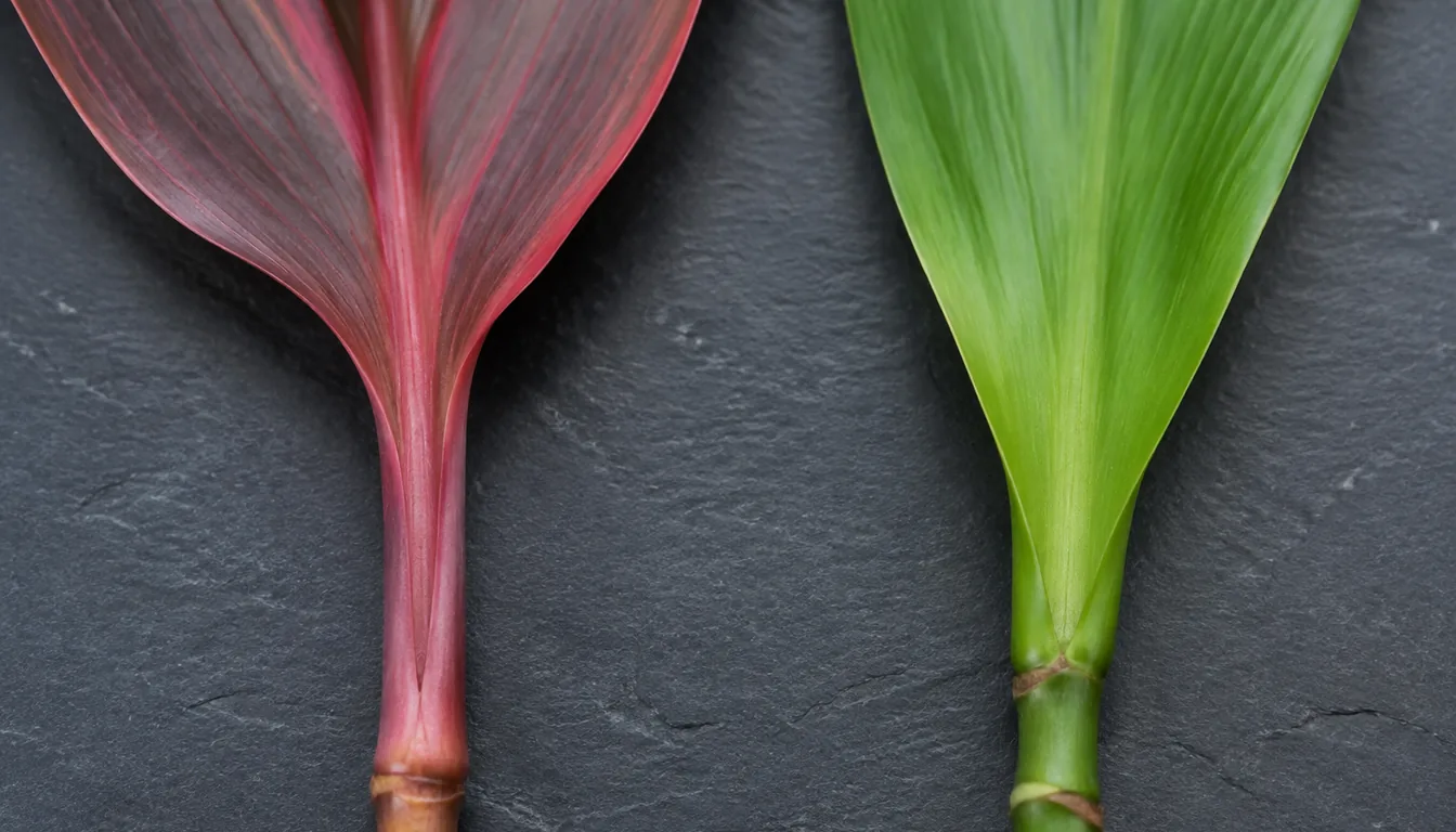 Two leaf bases side by side on dark slate, a red cordyline blade narrowing into a distinct grooved stalk before it meets the cane, and a green dracaena blade widening to clasp its stem directly with no stalk