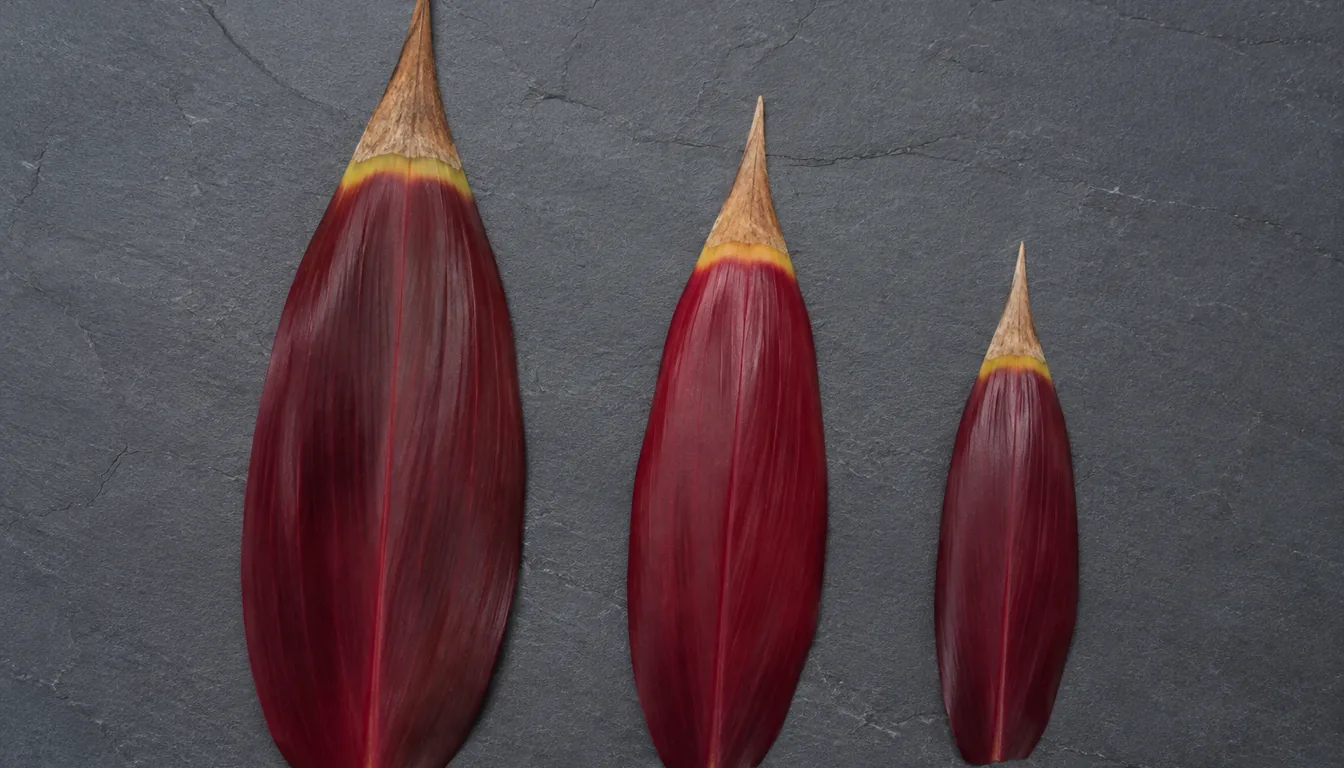 Three burgundy cordyline leaves in a row from oldest to newest on dark slate, each ending in the same narrow crisp tan tip behind a thin yellow band while the rest of every blade stays firm and richly colored