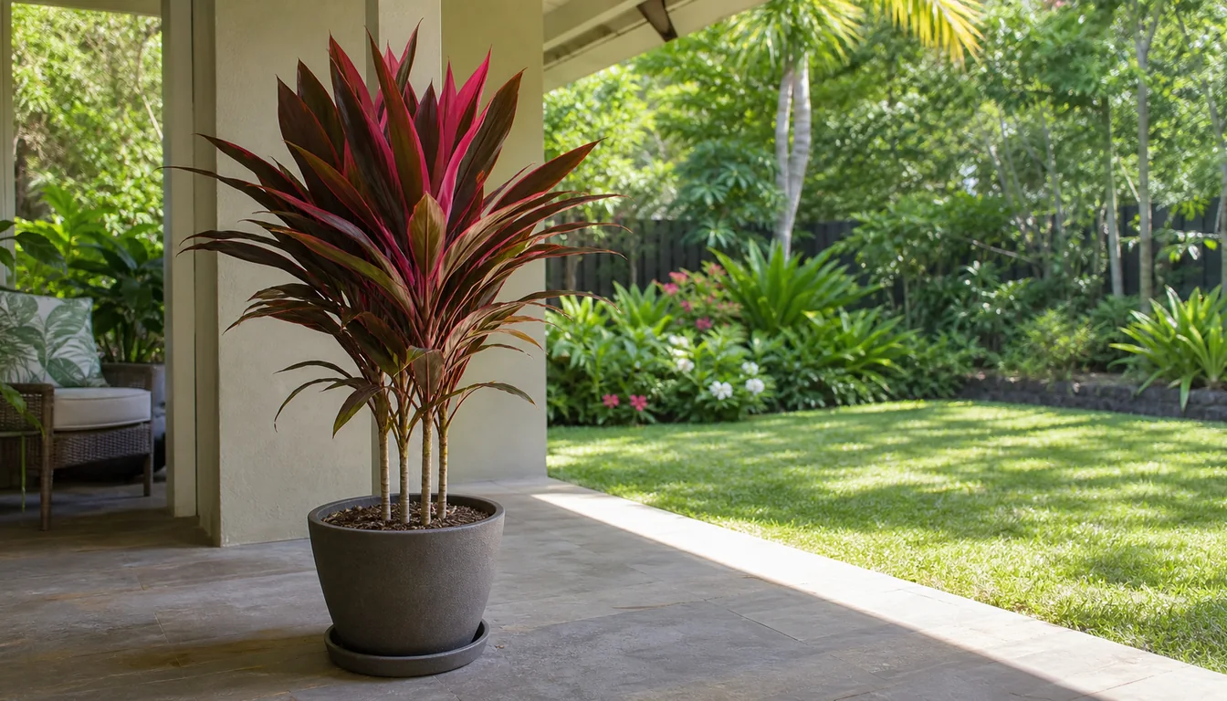 Potted Ti Plant in bright sheltered shade under a porch near a strip of gentle morning sun