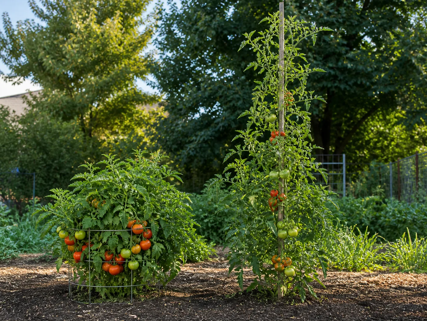 A compact determinate tomato bush in a low round cage carrying a heavy concentrated fruit set beside a tall indeterminate tomato vine trained up a stake far above head height