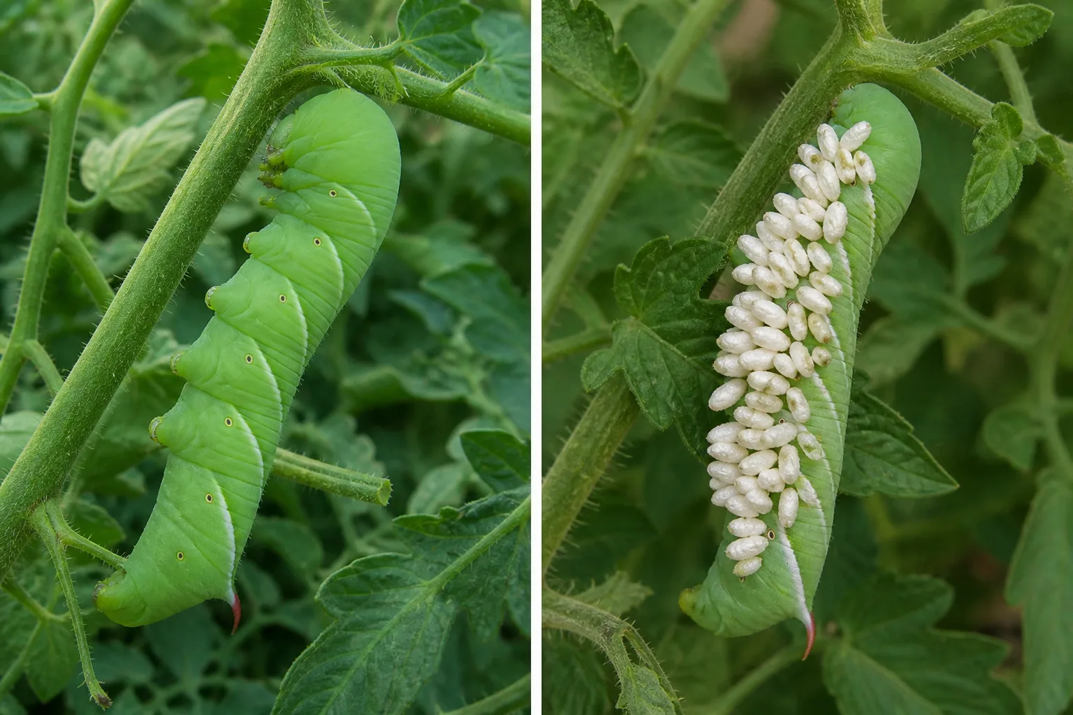 Side-by-side comparison of tomato hornworms showing a healthy plain green hornworm on the left versus a hornworm covered in small white parasitic wasp cocoons standing upright on its back on the right