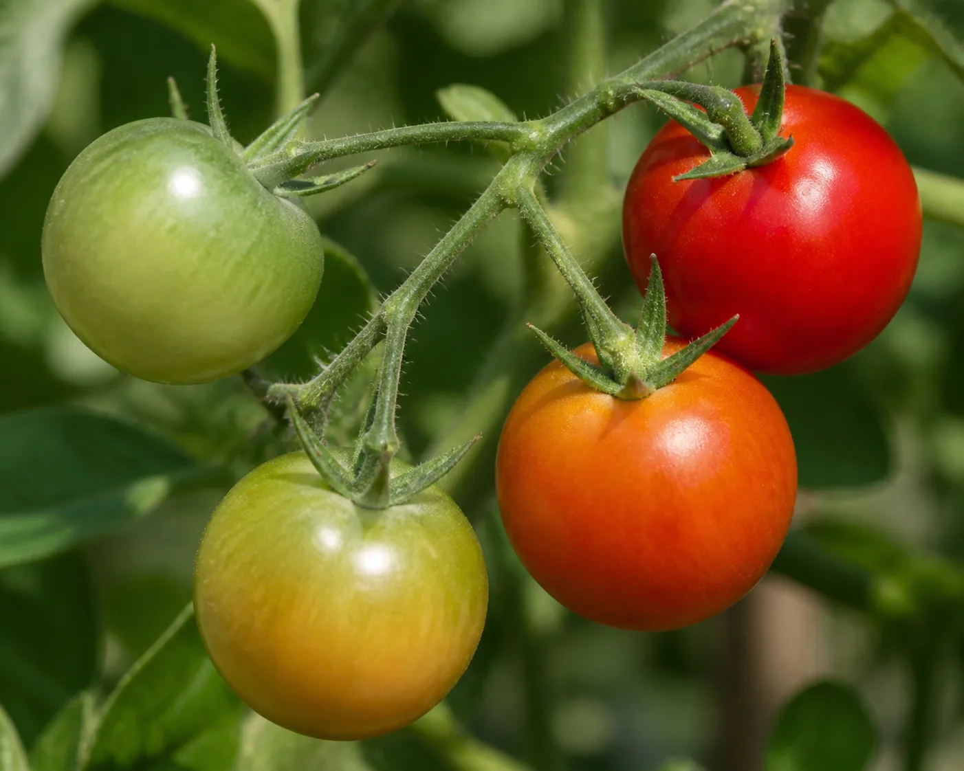 One tomato truss carrying four fruit at different ripening stages together, from hard green through a pale orange blush at the blossom end to fully deep red