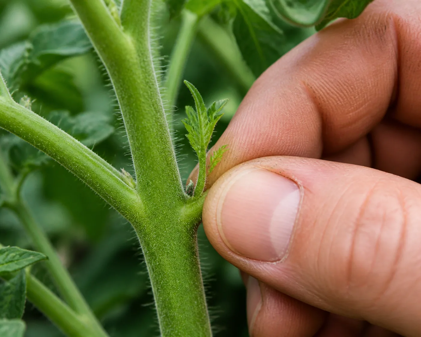 Close view of a gardener pinching out a tomato sucker, the small shoot growing in the crotch between the main stem and a leaf branch