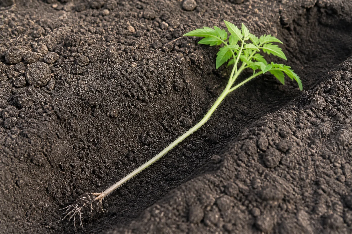 A leggy tomato seedling laid sideways in a shallow open trench in dark soil with its lower leaves stripped off and only the leafy tip above the soil line