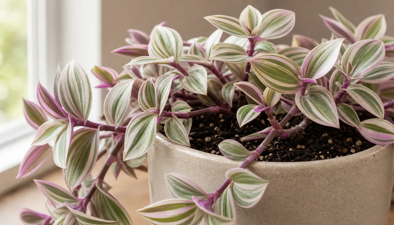 Tradescantia Nanouk growing indoors with visible leaves and potting mix.
