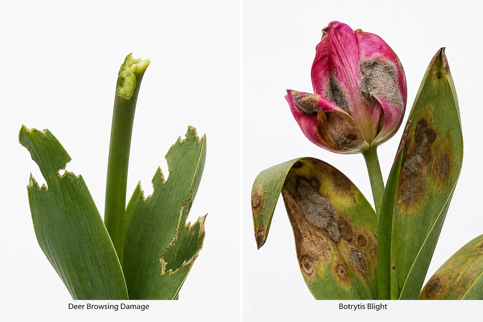 Side-by-side comparison of a tulip stem with a deer-bitten bud and torn leaf edges beside tulip leaves and petals with brown spots and fuzzy gray botrytis fungal growth