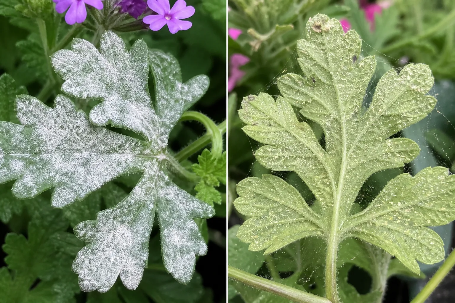 Side-by-side comparison of verbena leaves showing a white powdery mildew coating on the left versus fine pale stippling and faint webbing from spider mites on leaf undersides on the right