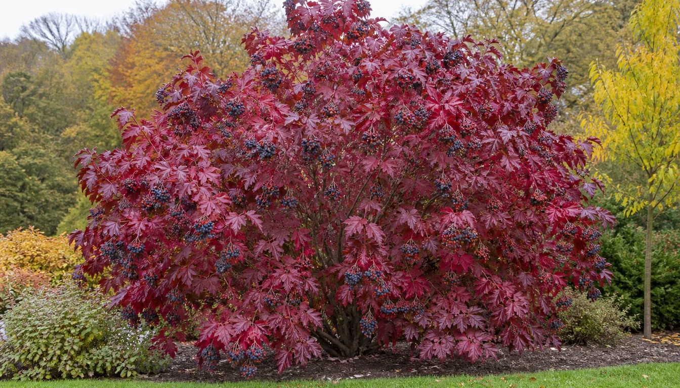 A whole viburnum in October carrying heavy clusters of blue-black berries while its leaves have turned deep wine red across the shrub