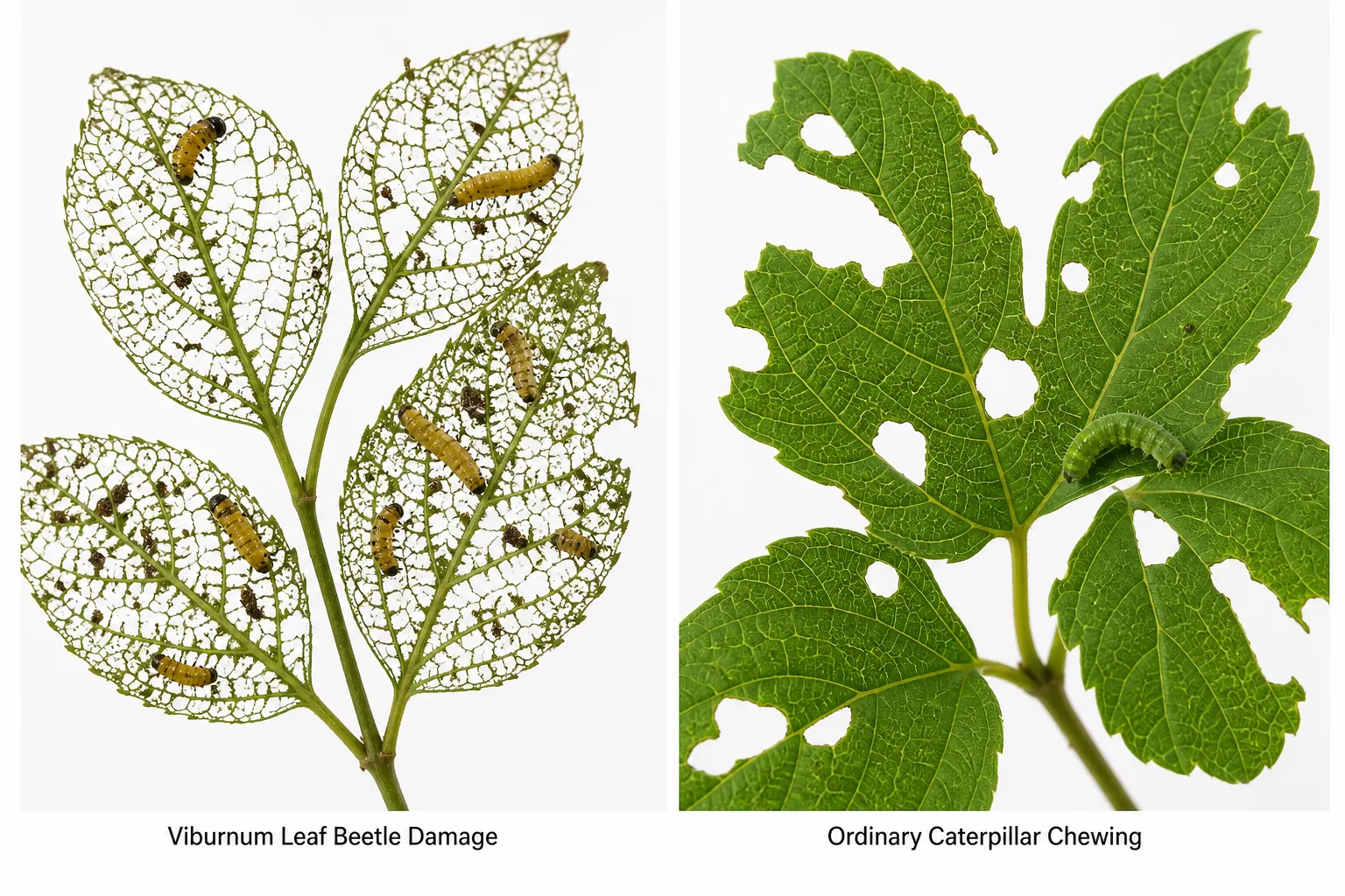 Side-by-side comparison of a viburnum leaf skeletonized by leaf beetle larvae beside a viburnum leaf with ragged irregular holes from ordinary caterpillar chewing