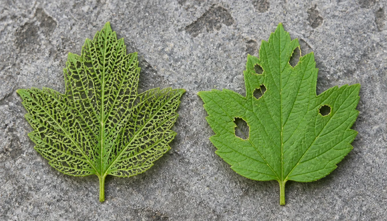 Two text-free viburnum leaf samples showing lace-like leaf beetle skeletonizing beside larger ragged caterpillar holes