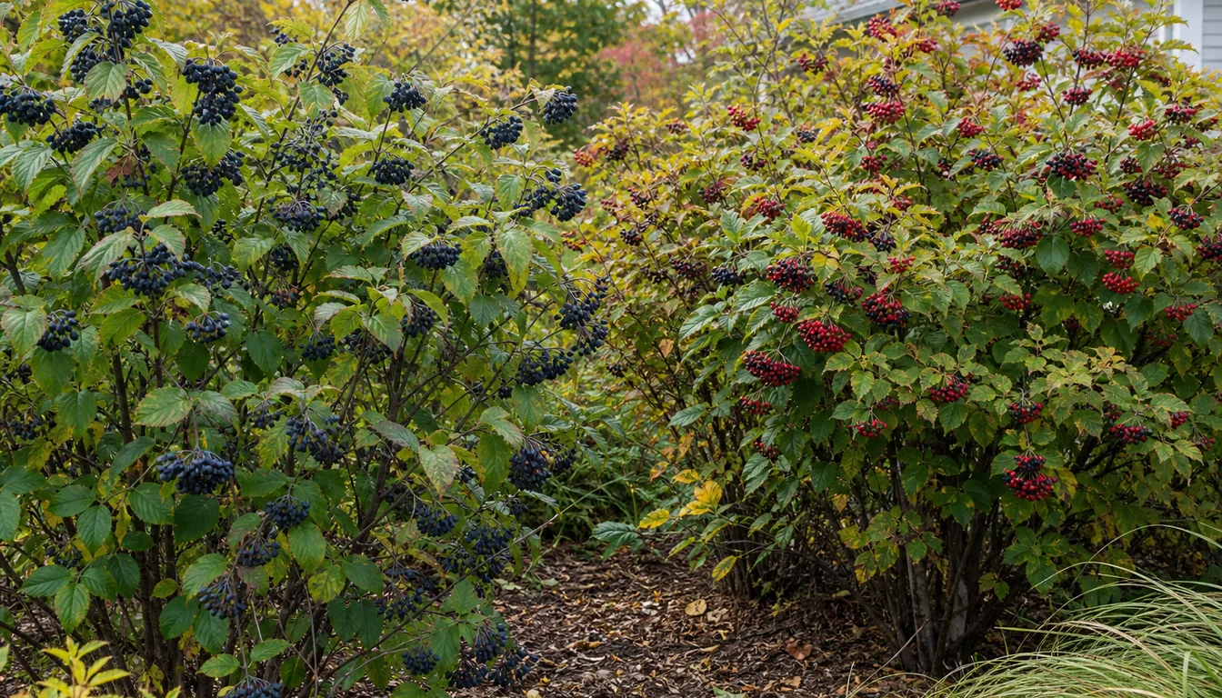 Two compatible viburnum shrubs flowering near each other with a later branch carrying a full cluster of blue-black drupes