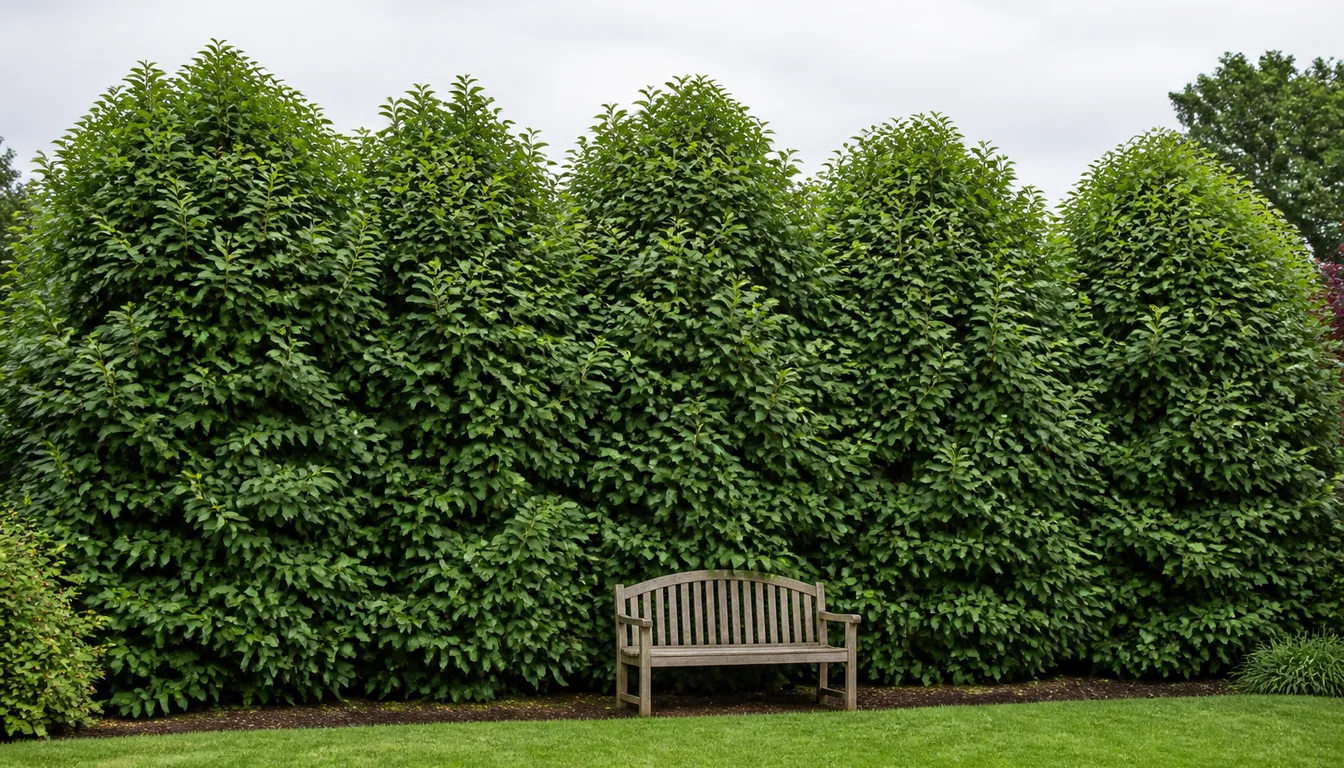 Five large viburnums grown together into a dense informal screen about ten feet tall along a garden boundary, a bench in front for scale