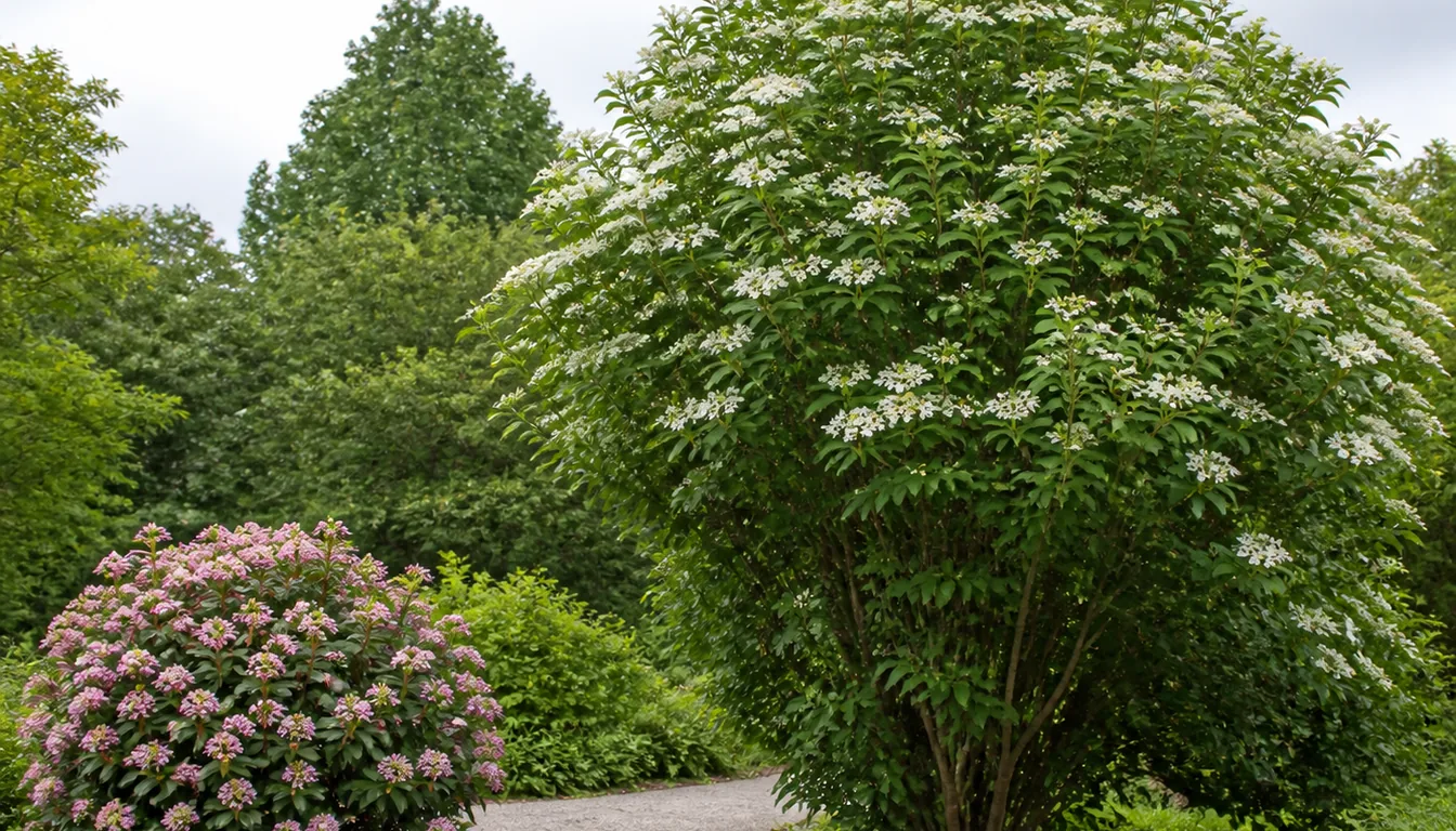 Two viburnums beside the same garden path, a compact pink-flowered Korean spice about four feet across on the left and a twelve-foot multi-stemmed arrowwood with flat white flower heads on the right