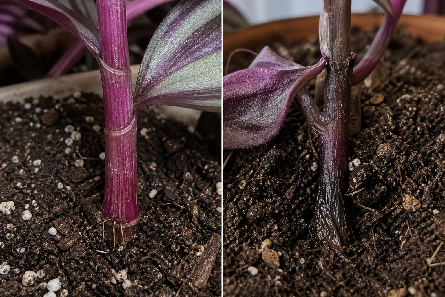 Side-by-side comparison of Wandering Jew stems at soil level showing a firm, rooted, light-starved bare stem with purple color intact on the left versus a mushy, dark, rotted stem base on the right