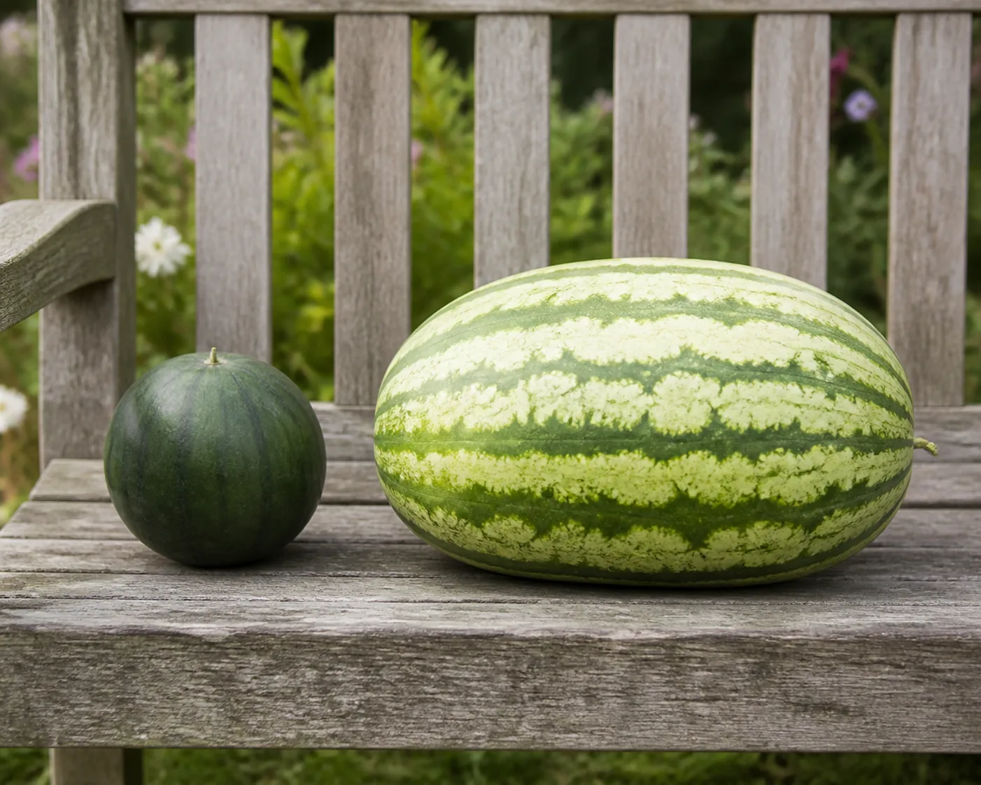 A small round dark green icebox watermelon beside a large oblong pale-striped picnic watermelon on a garden bench, showing the size difference between the two types
