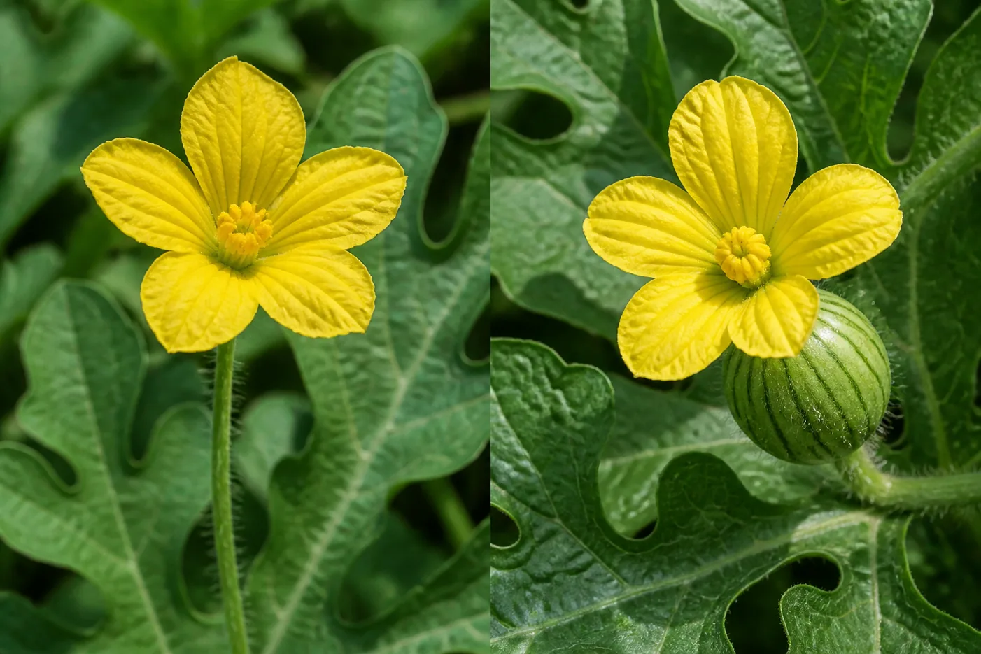 Side by side comparison of a male watermelon flower on a plain straight stem and a female watermelon flower with a small round striped immature melon swelling behind the petals