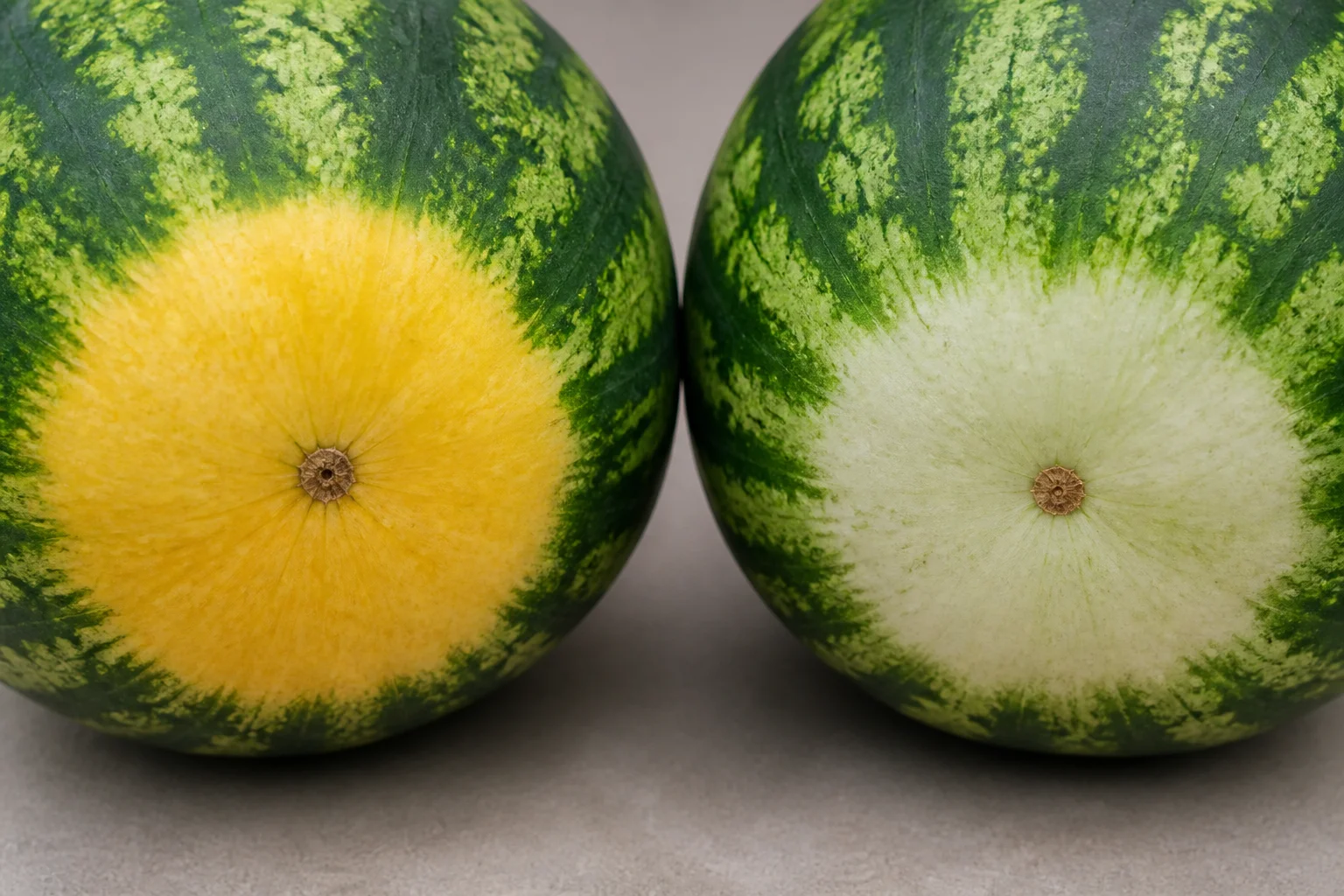 A watermelon ground spot showing creamy yellow ripe coloring beside a ground spot still white or pale green on an unripe fruit.