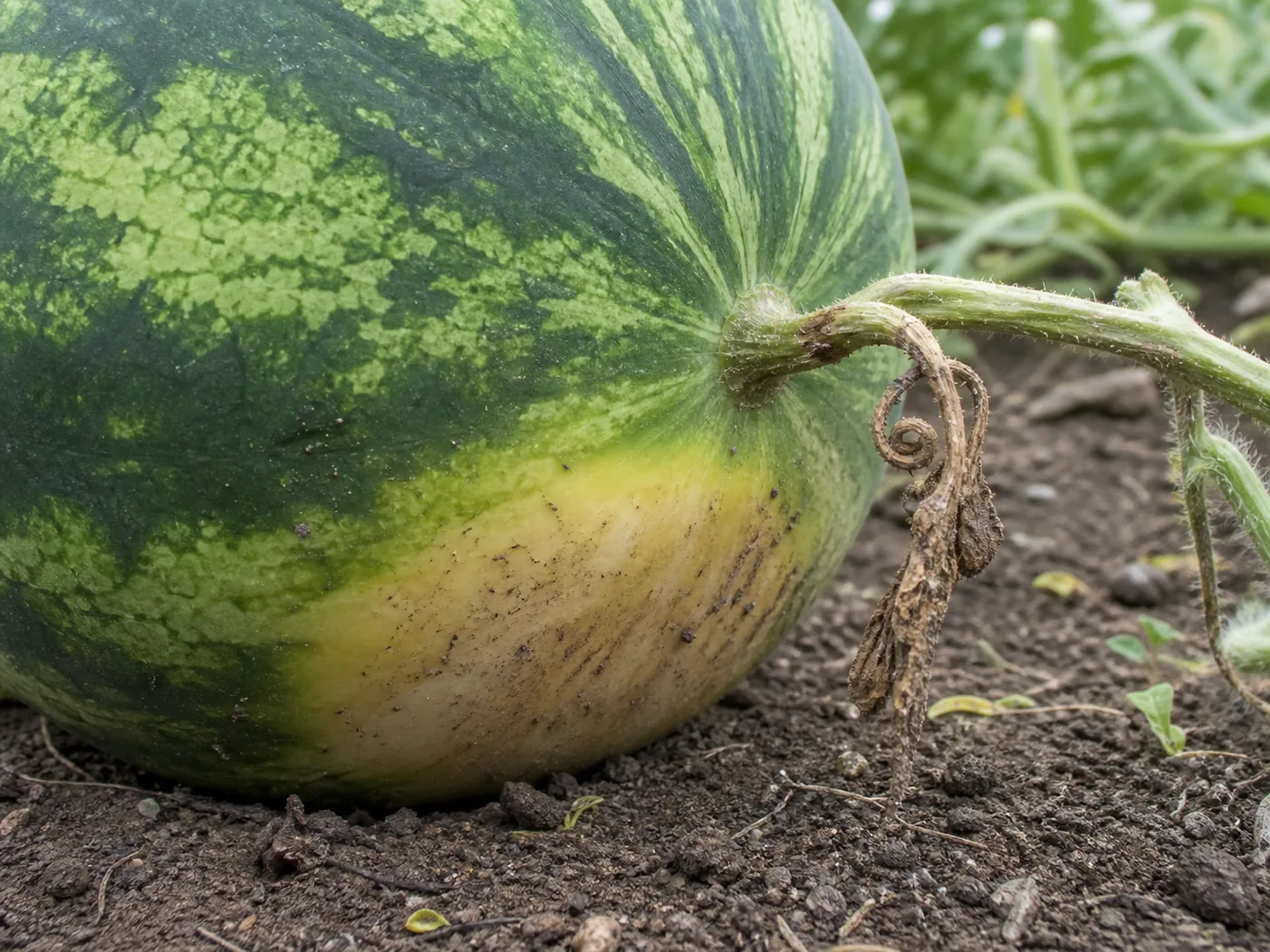 A watermelon tipped on its side on garden soil showing a large creamy yellow ground spot, with the dried brown curled tendril visible at the stem joint just above it